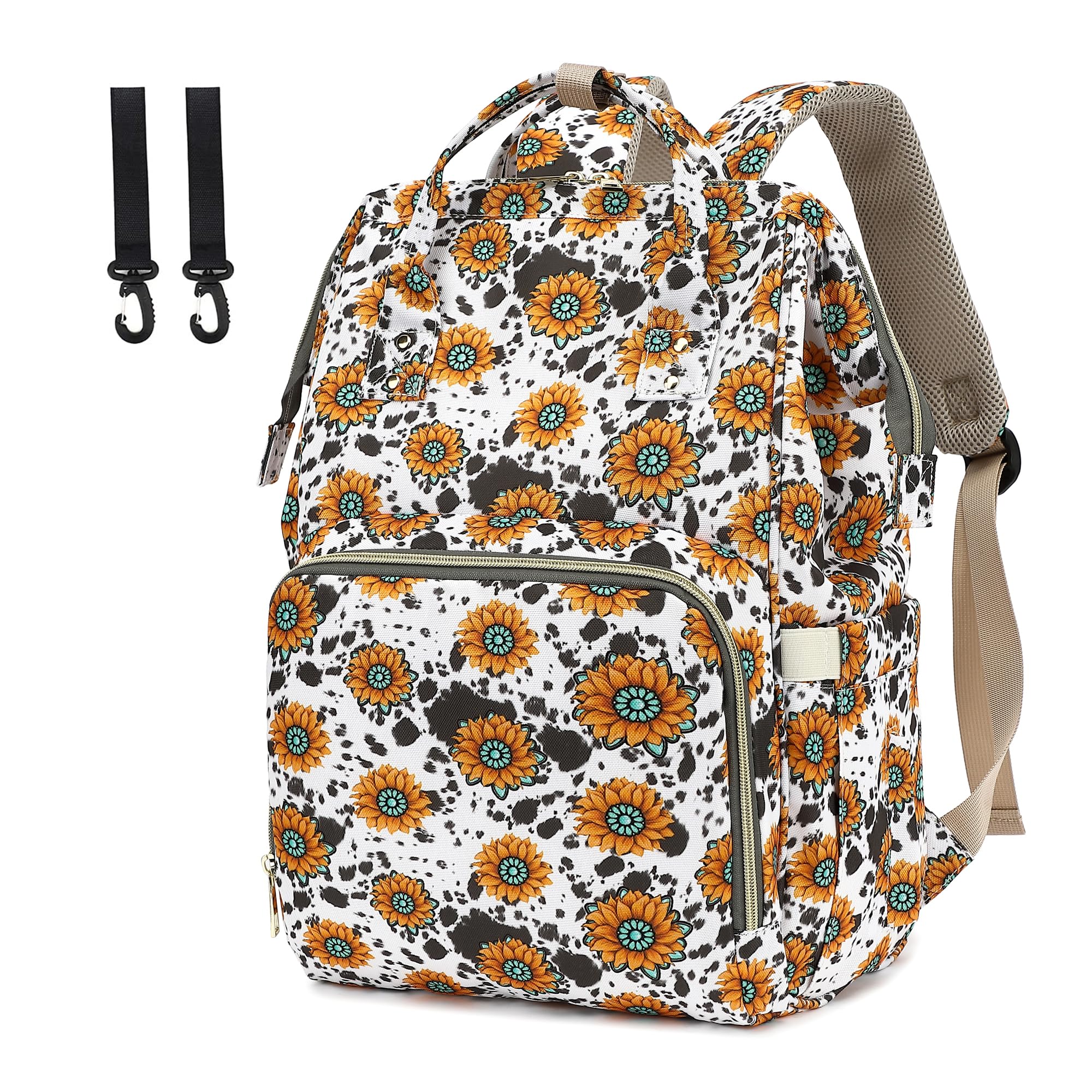 Wonshia Diaper Bag Backpack Sunflower and cow Print Diaper