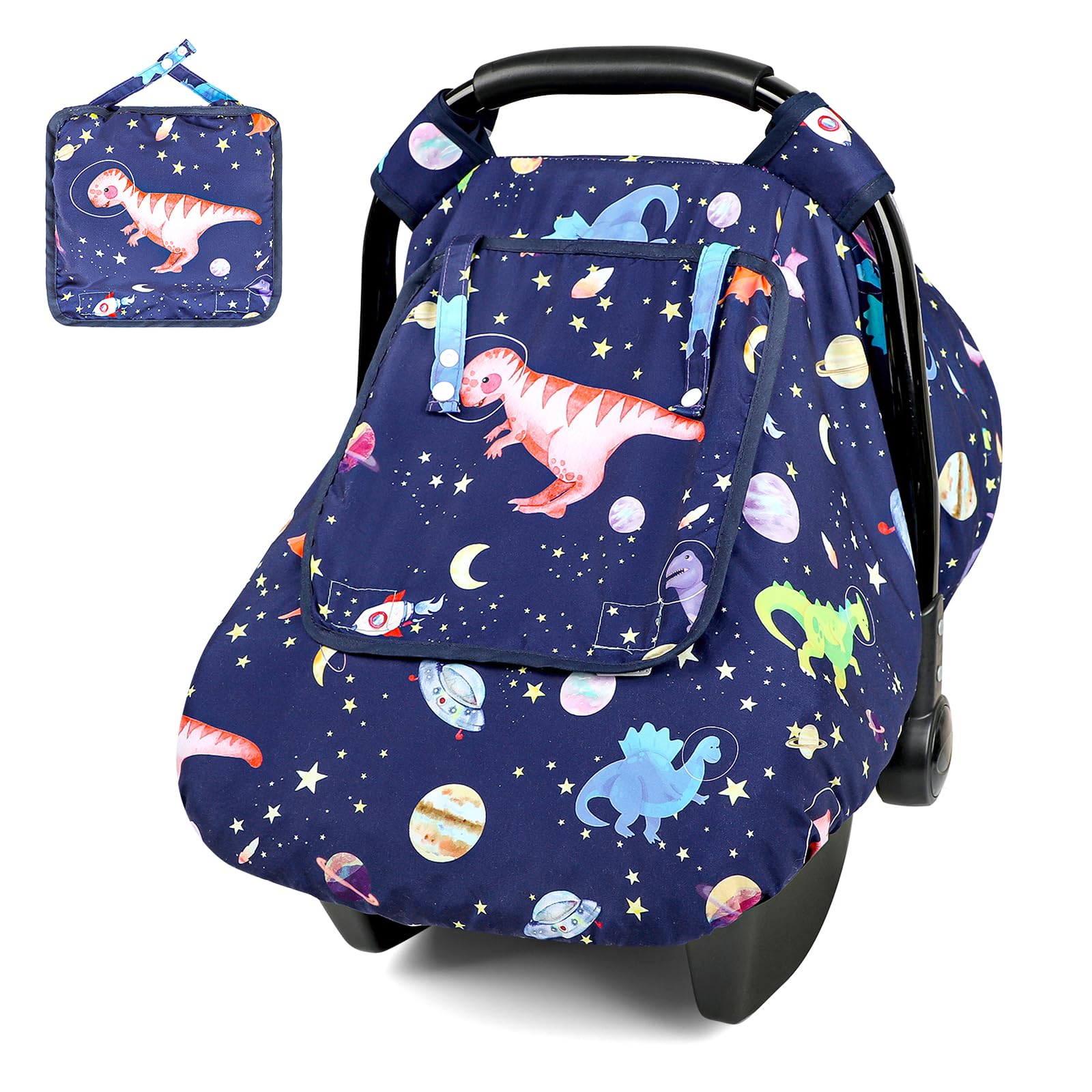 Baby Car Seat Cover Winter Windproof Blue Carseat Covers for Newborn with 2 Layers Window Dinosaurs Infant Car Seat Canopy for Boys with Minky Dot Backing Keeps Babies Warm and Cozy