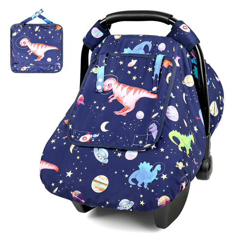 Baby Car Seat Cover Winter Windproof Blue Carseat Covers for Newborn with 2 Layers Window Dinosaurs Infant Car Seat Canopy for Boys with Minky Dot Backing Keeps Babies Warm and Cozy